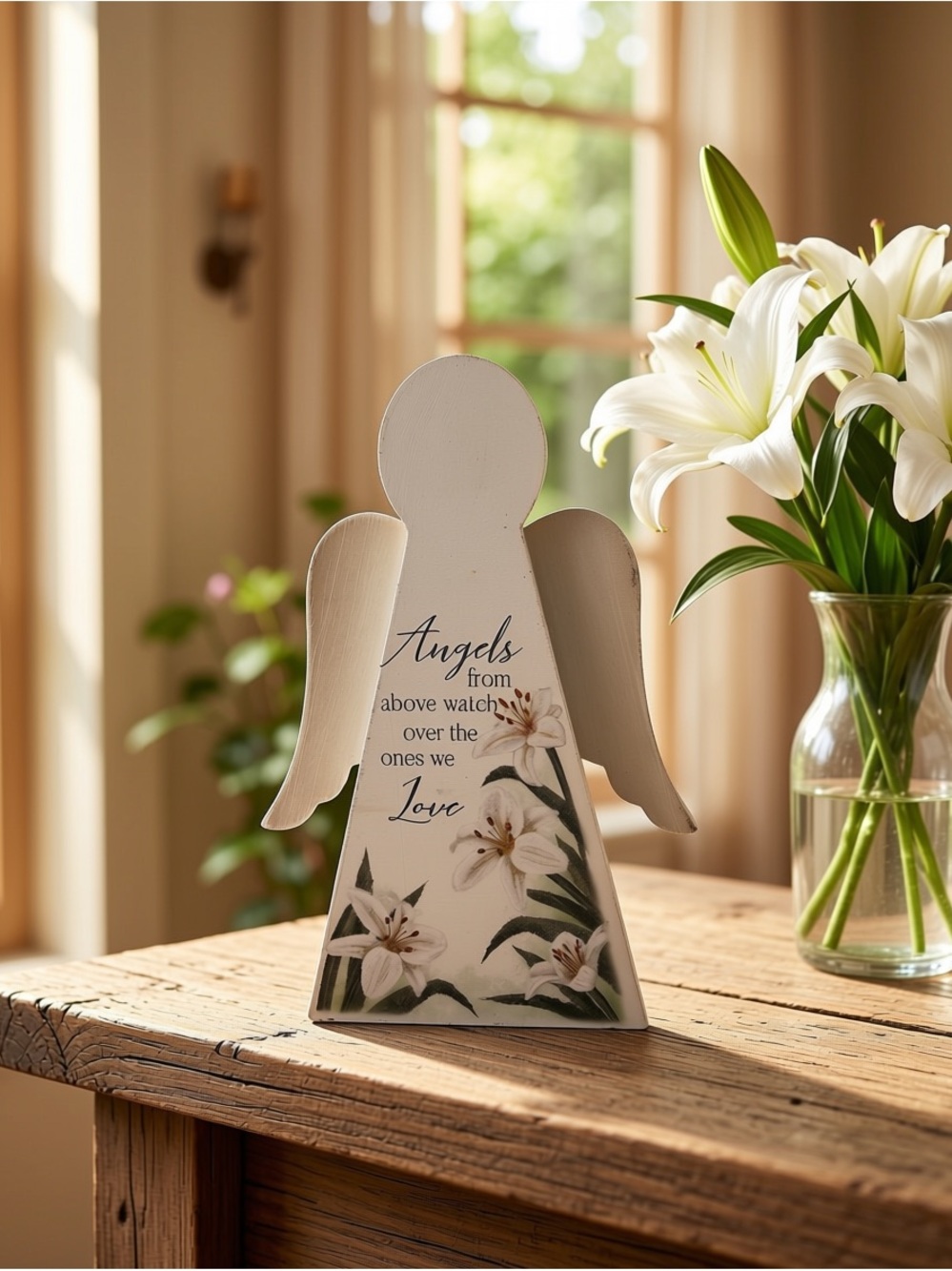 Distressed White Floral Angel Table Décor - Inspirational Home Accent 9” Tall